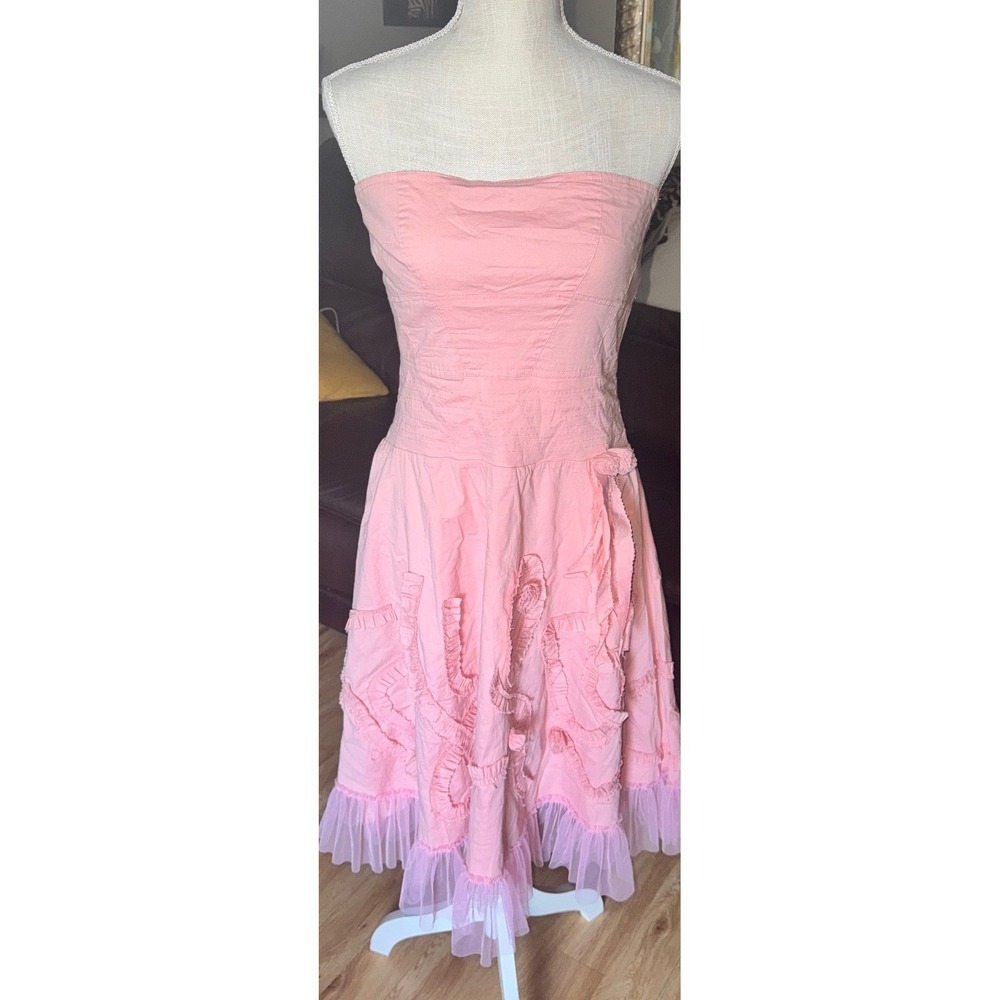 Ariella Sz L Strapless Pink Ruffle Tulle Hem Embroidered Mini Dress Coquette Y2k